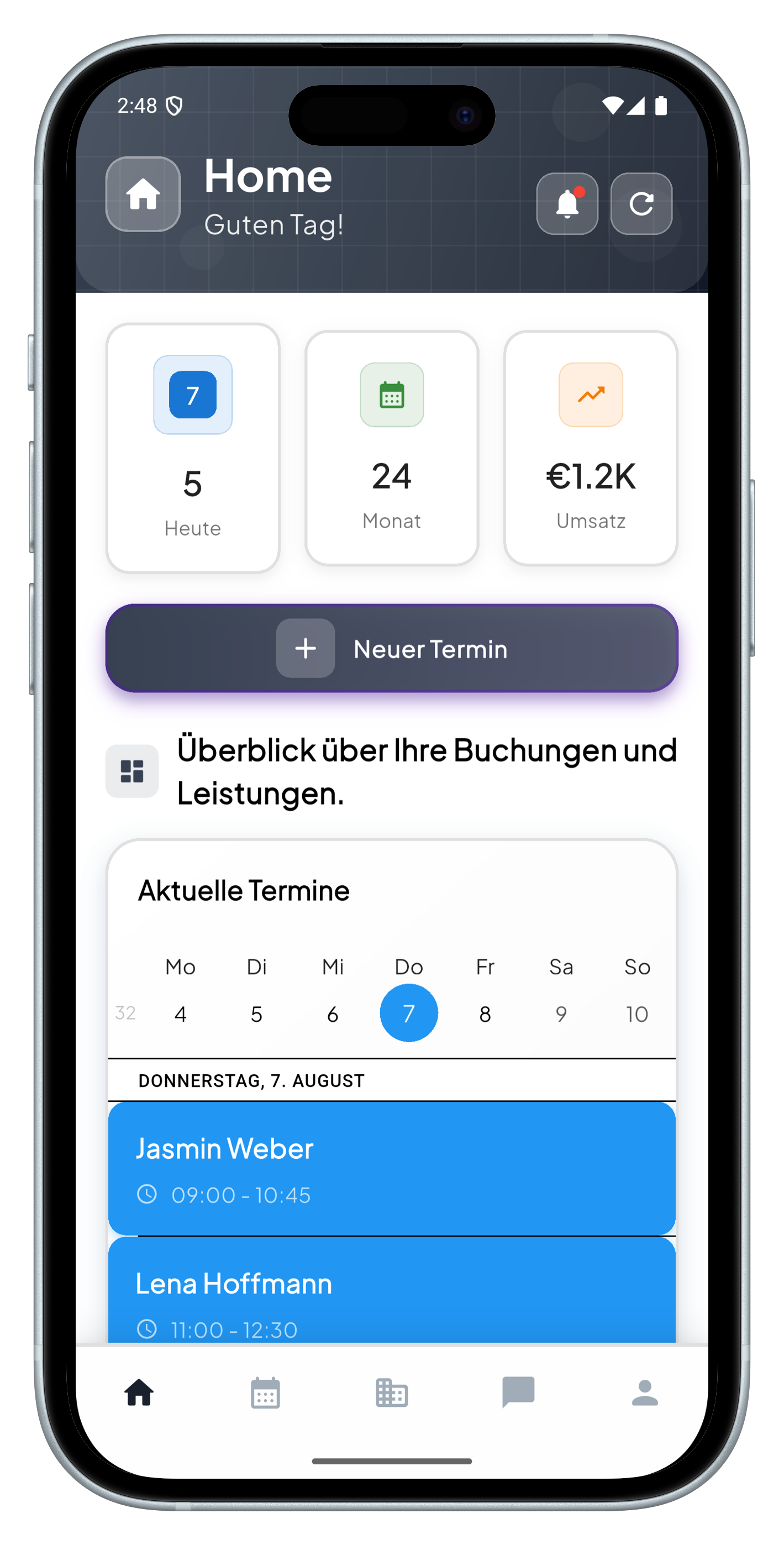 Homepage mit den heutigen Terminen